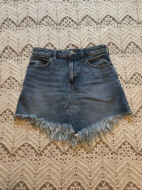 We The Free Mid-Waist Denim Skirt in Dark Blue Wash Fringe Western Concert